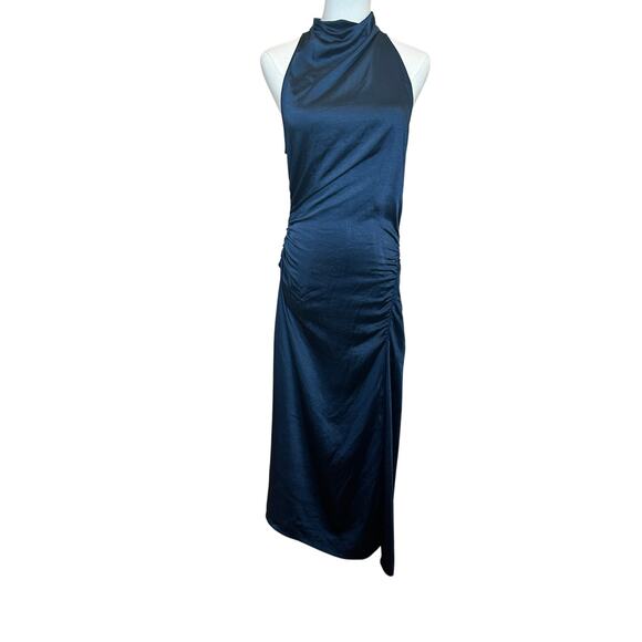A.L.C. Blue Satin Halter Gown Size 8 Cocktail Asymmetric Ruched Midi Dress $500 - Picture 7 of 14